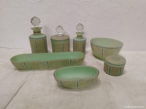 Vintage: Antiguo Juego de Baño 7 Piezas-en cristal pintado Md. Sg.XX-Vintage Retro-Mucha Calidad-